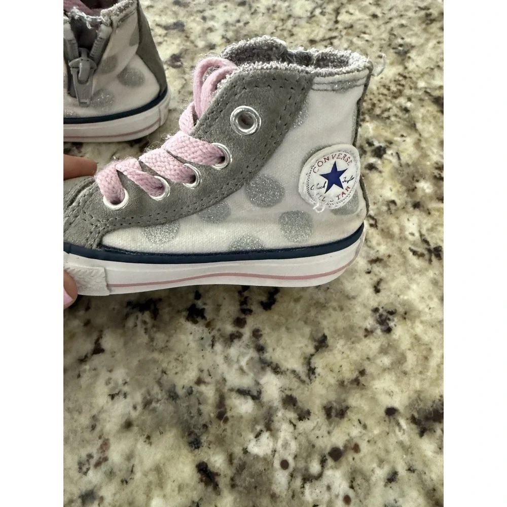 CONVERSE Infants Chuck Taylor Side Zip Hi Sneaker sz4 pink metallic silver‎ dots